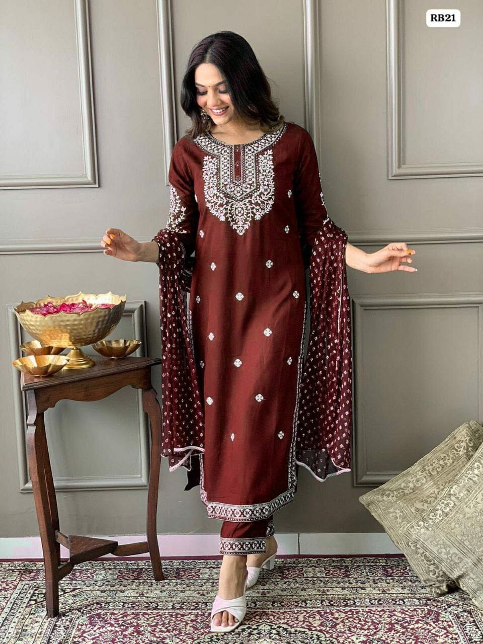 Maroon Heavy Rayon Straight Mirror Work Kurti with Dupatta and Pant Ready Made Designer Suits Shopin Di Apparels