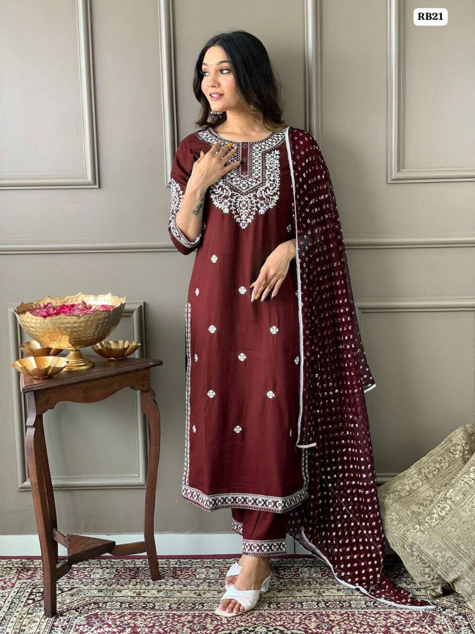 Maroon Heavy Rayon Straight Mirror Work Kurti with Dupatta and Pant Ready Made Designer Suits Shopin Di Apparels