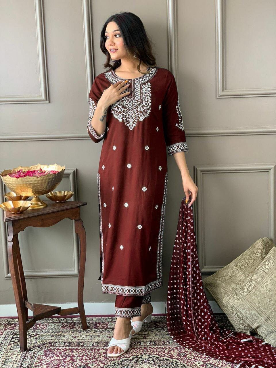 Maroon Heavy Rayon Straight Mirror Work Kurti with Dupatta and Pant Ready Made Designer Suits Shopin Di Apparels