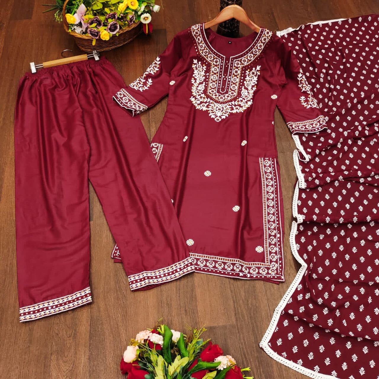 Maroon Heavy Rayon Straight Mirror Work Kurti with Dupatta and Pant Ready Made Designer Suits Shopin Di Apparels