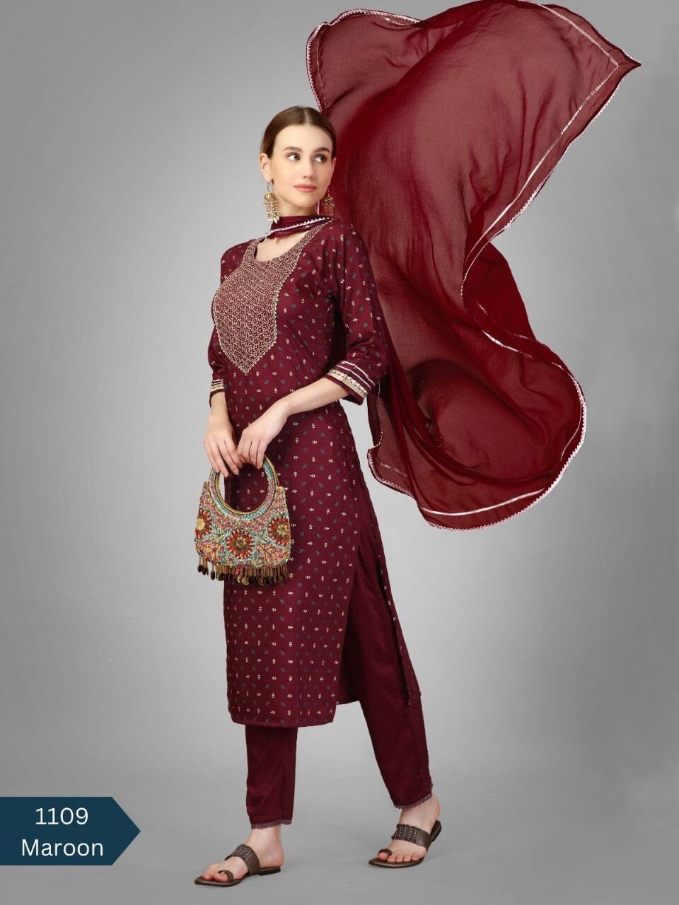 Maroon Silk Blend Sequence Embroidered Designer Kurti with Dupatta and Bottom Kurti with Dupatta and Bottom Shopin Di Apparels