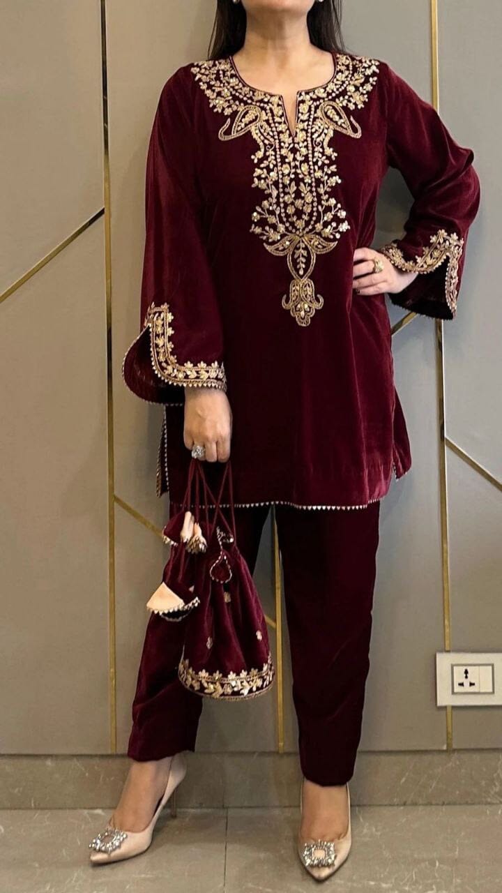Maroon Velvet Party Wear Kurti with Matching Pant Set Kurti with Pant Shopin Di Apparels