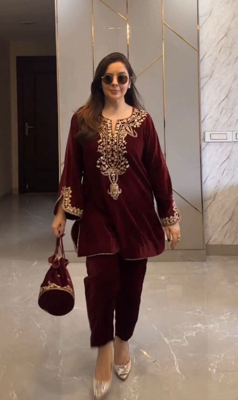Maroon Velvet Party Wear Kurti with Matching Pant Set Kurti with Pant Shopin Di Apparels