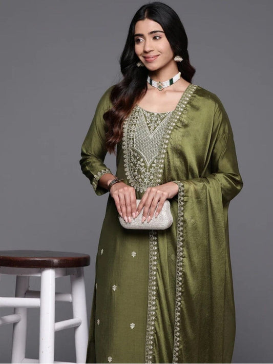 Mehendi Green Chanderi Viscose Kurti with Chanderi Dupatta and Pant set Kurti with Bottom and Dupatta Shopin Di Apparels