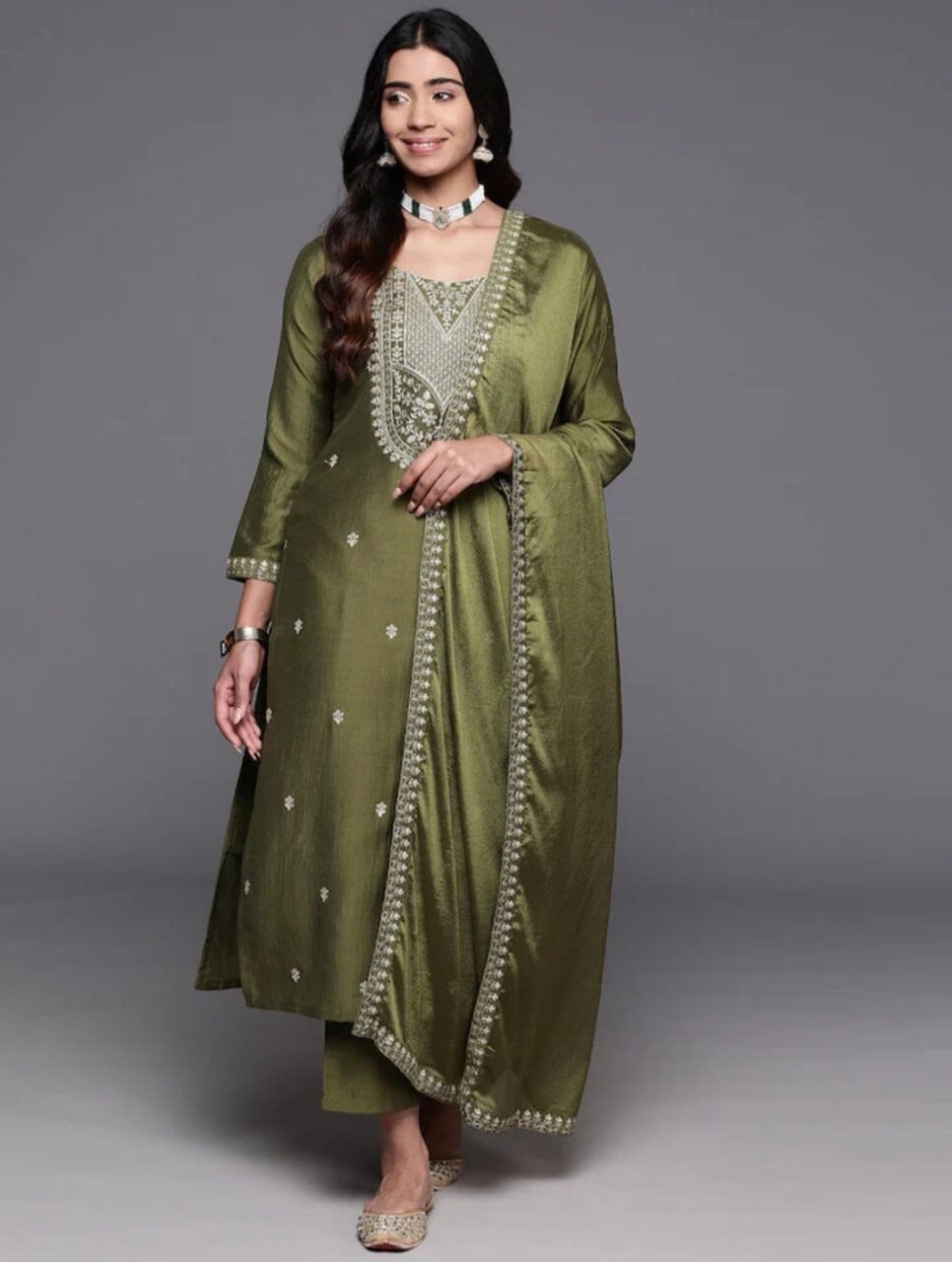 Mehendi Green Chanderi Viscose Kurti with Chanderi Dupatta and Pant set Kurti with Bottom and Dupatta Shopin Di Apparels
