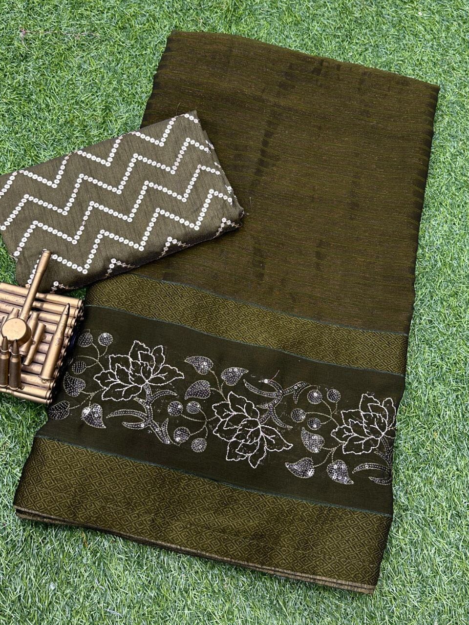 Mehendi Green Himanshi Designer Shimmer Chiffon Saree with Sequence Work Blouse Designer Saree Shopin Di Apparels