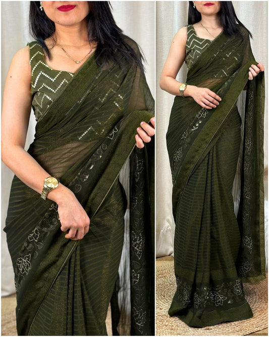Mehendi Green Himanshi Designer Shimmer Chiffon Saree with Sequence Work Blouse Designer Saree Shopin Di Apparels