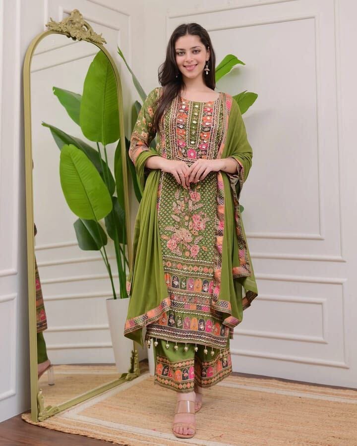 Mehendi Green Multicoloured print with Embroidered Kurti with Dupatta and Pant Set Kurti with Bottom and Dupatta Shopin Di Apparels