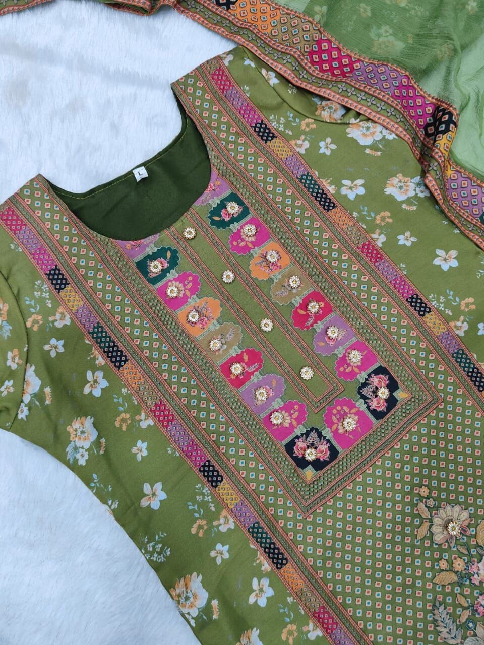 Mehendi Green Multicoloured print with Embroidered Kurti with Dupatta and Pant Set Kurti with Bottom and Dupatta Shopin Di Apparels