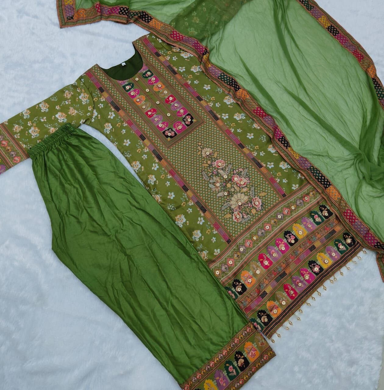 Mehendi Green Multicoloured print with Embroidered Kurti with Dupatta and Pant Set Kurti with Bottom and Dupatta Shopin Di Apparels