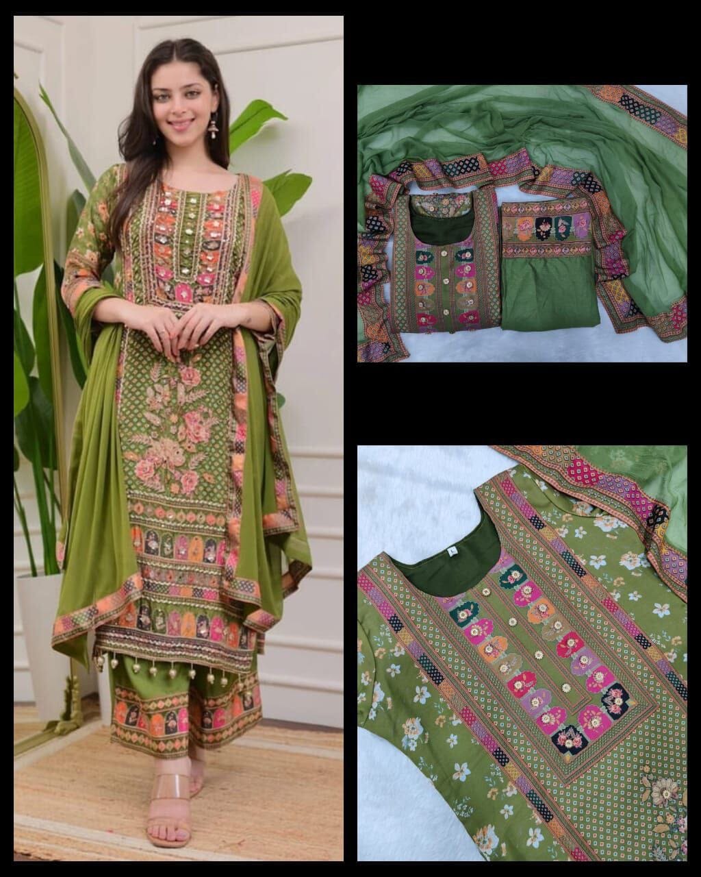 Mehendi Green Multicoloured print with Embroidered Kurti with Dupatta and Pant Set Kurti with Bottom and Dupatta Shopin Di Apparels
