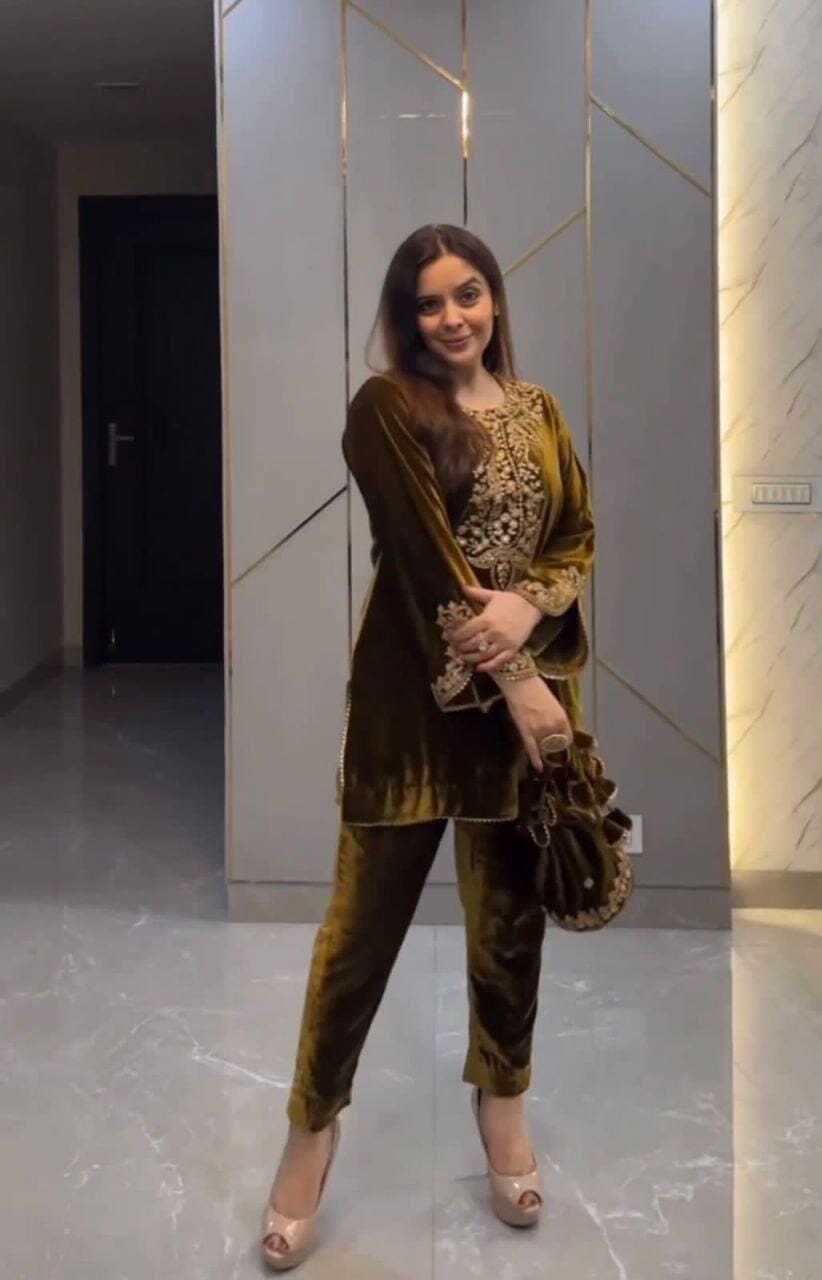 Mehendi Green Velvet Party Wear Kurti with Matching Pant Set Kurti with Pant Shopin Di Apparels