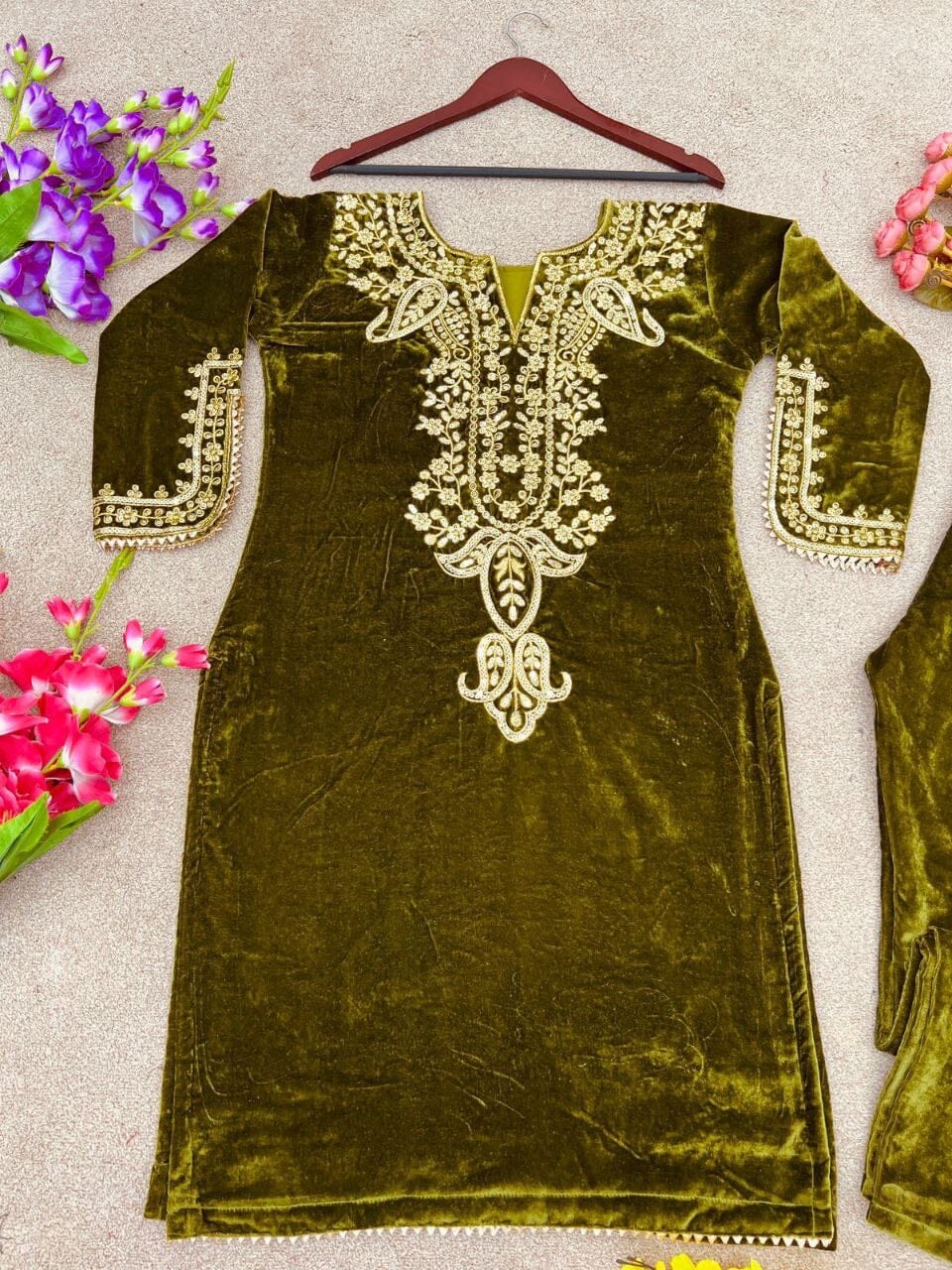 Mehendi Green Velvet Party Wear Kurti with Matching Pant Set Kurti with Pant Shopin Di Apparels