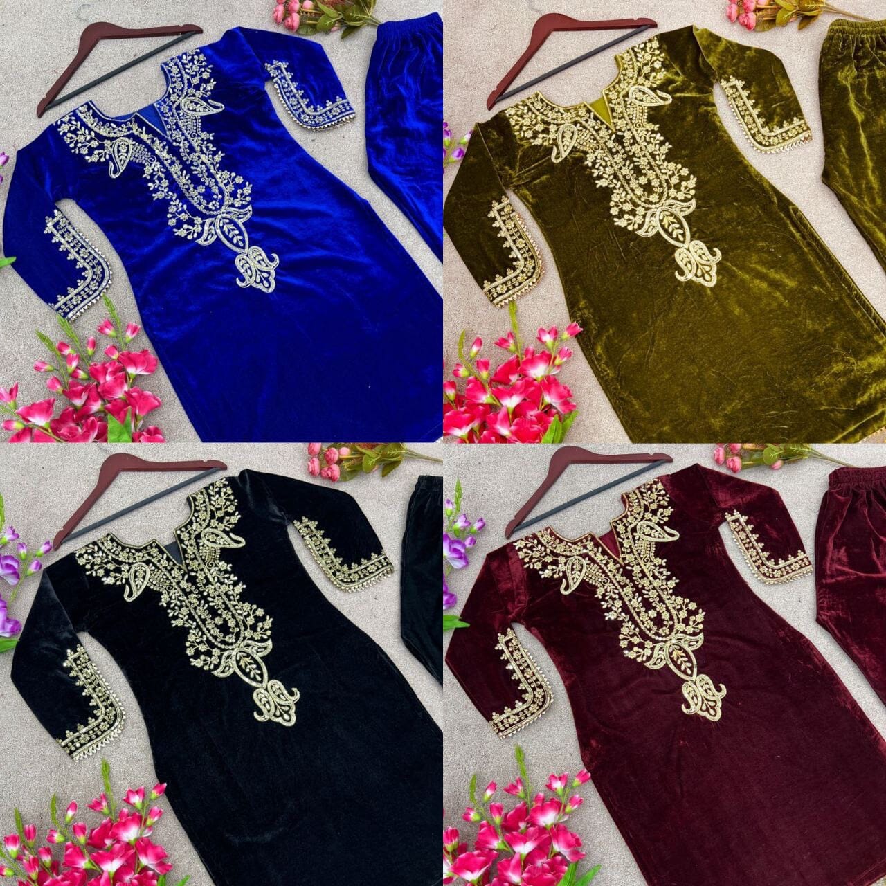 Mehendi Green Velvet Party Wear Kurti with Matching Pant Set Kurti with Pant Shopin Di Apparels