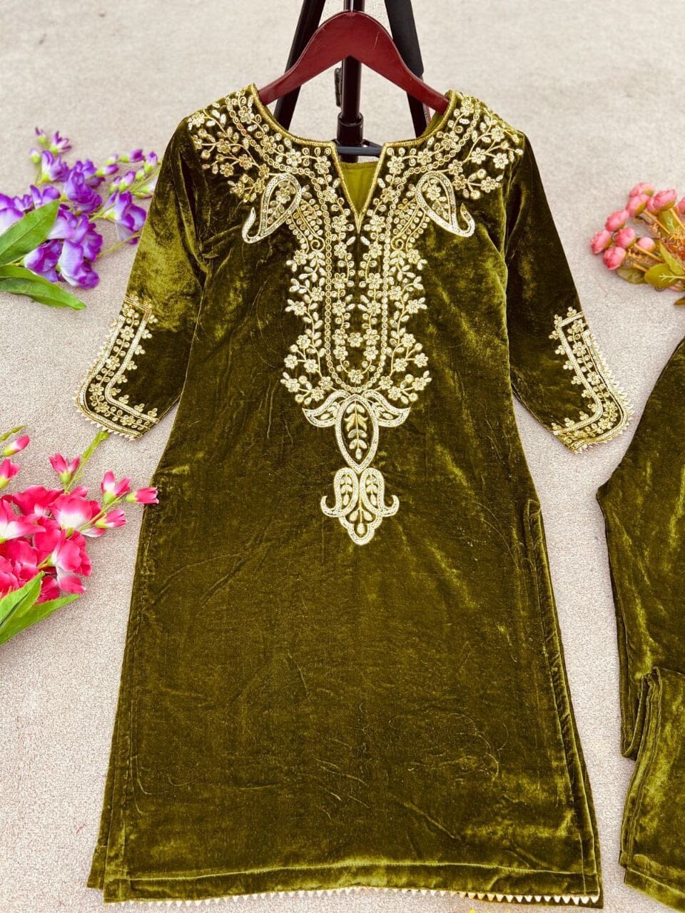 Mehendi Green Velvet Party Wear Kurti with Matching Pant Set Kurti with Pant Shopin Di Apparels