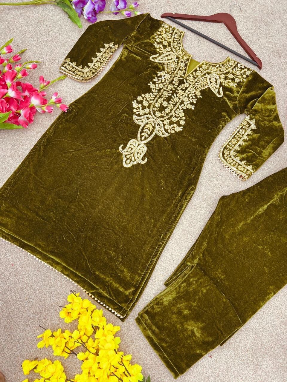 Mehendi Green Velvet Party Wear Kurti with Matching Pant Set Kurti with Pant Shopin Di Apparels