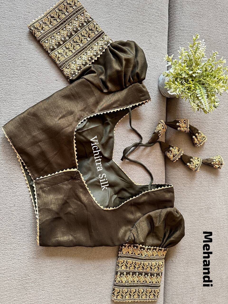 Mehendi Vichitra Silk Readymade Blouse with Puff Sleeves and Embroidery Readymade Blouse Shopin Di Apparels