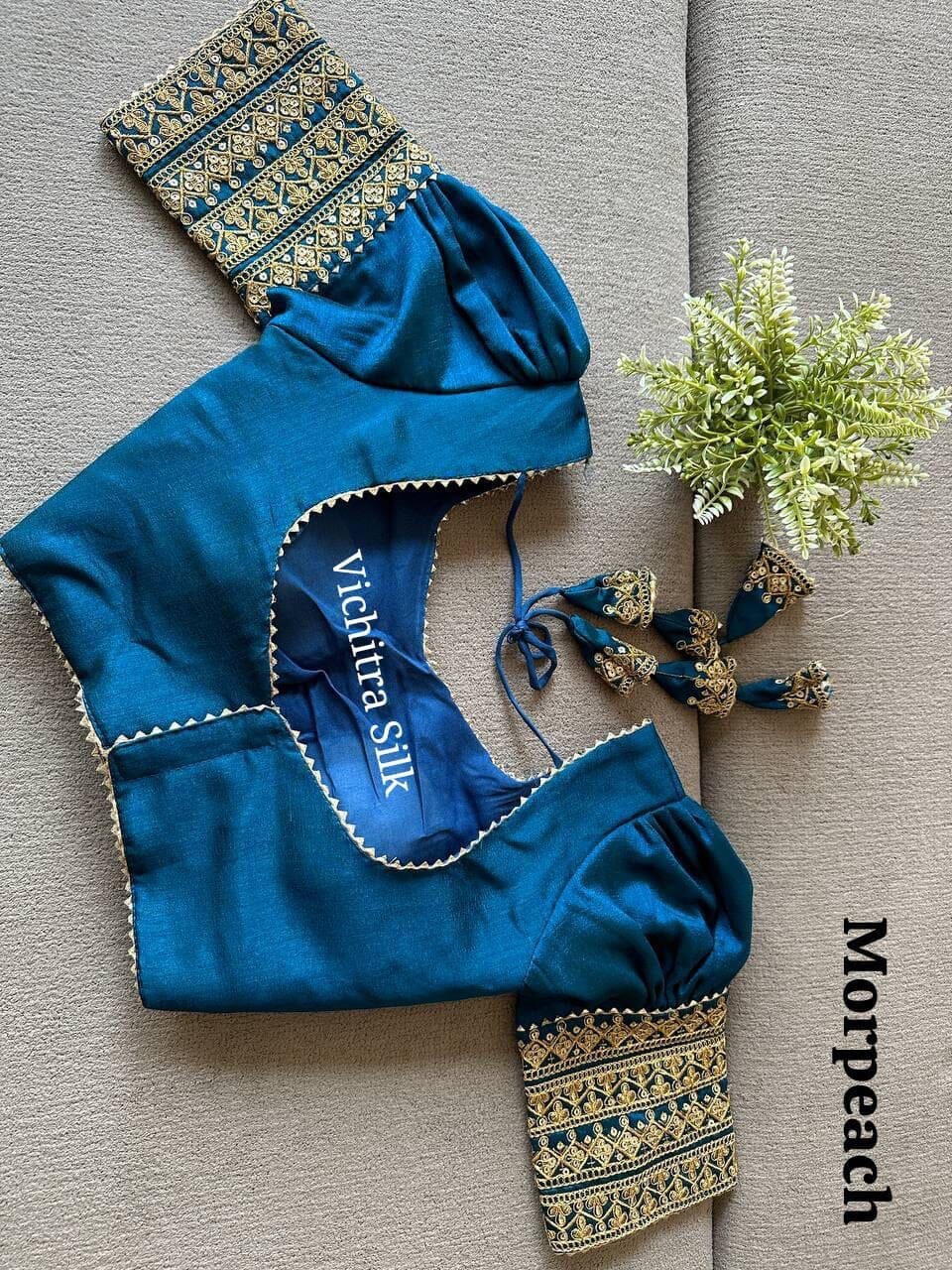 Mor Peach Vichitra Silk Readymade Blouse with Puff Sleeves and Embroidery Readymade Blouse Shopin Di Apparels