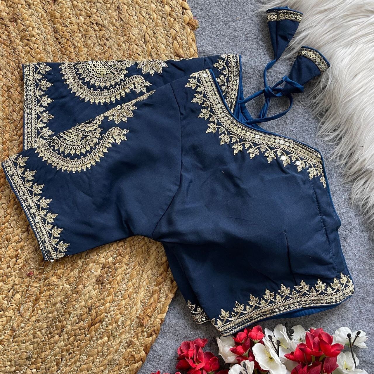 MorPeach Blue Heavy Pure Roman Silk Embroidered Sequence Work Readymade Blouse Shopin Di Apparels