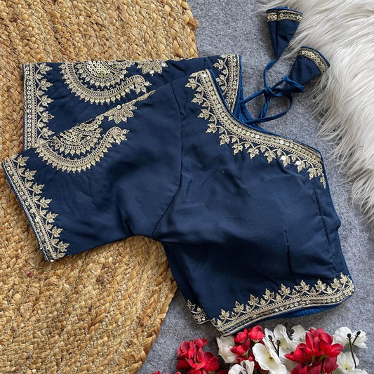 MorPeach Blue Heavy Pure Roman Silk Embroidered Sequence Work Readymade Blouse Shopin Di Apparels