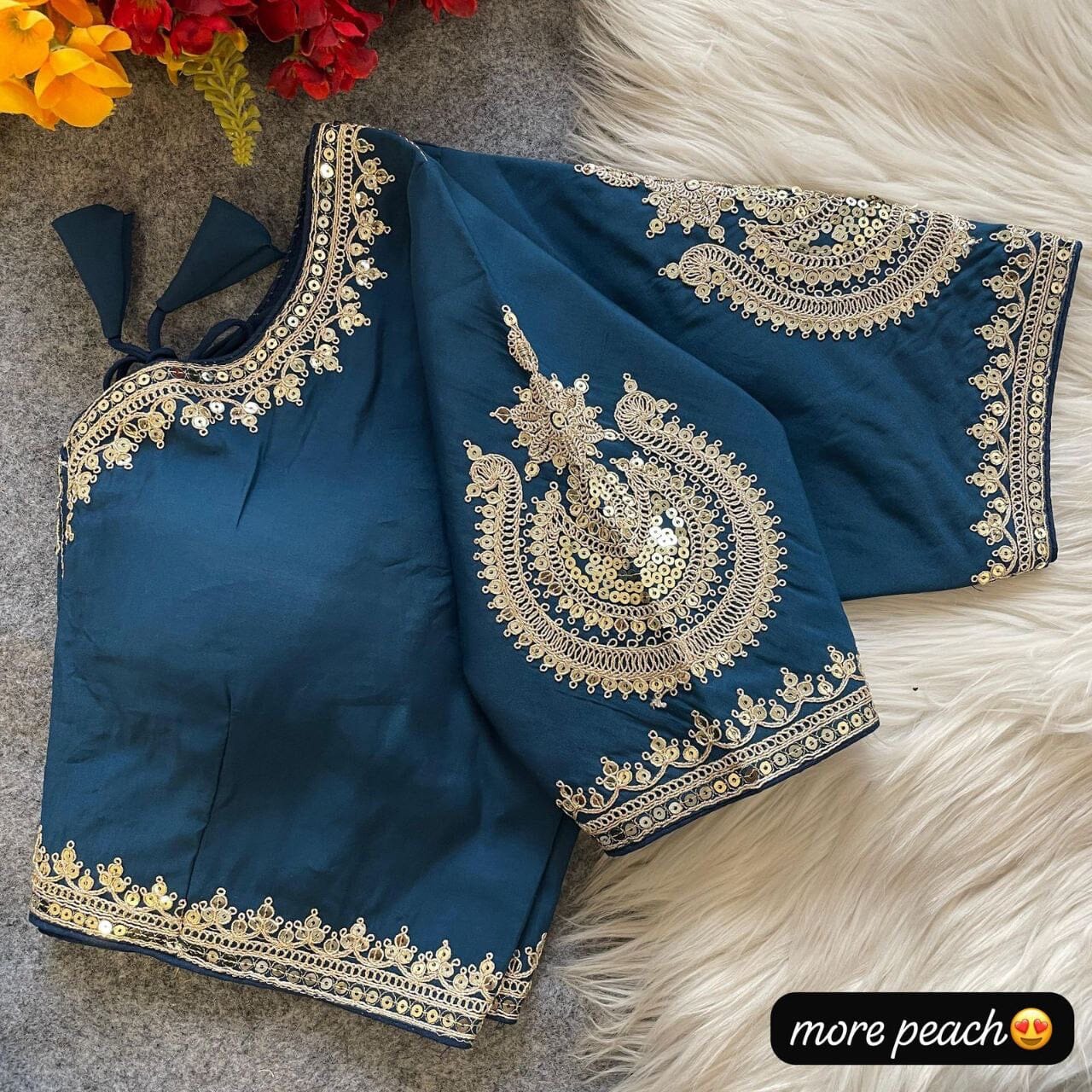MorPeach Blue Heavy Pure Roman Silk Embroidered Sequence Work Readymade Blouse Shopin Di Apparels