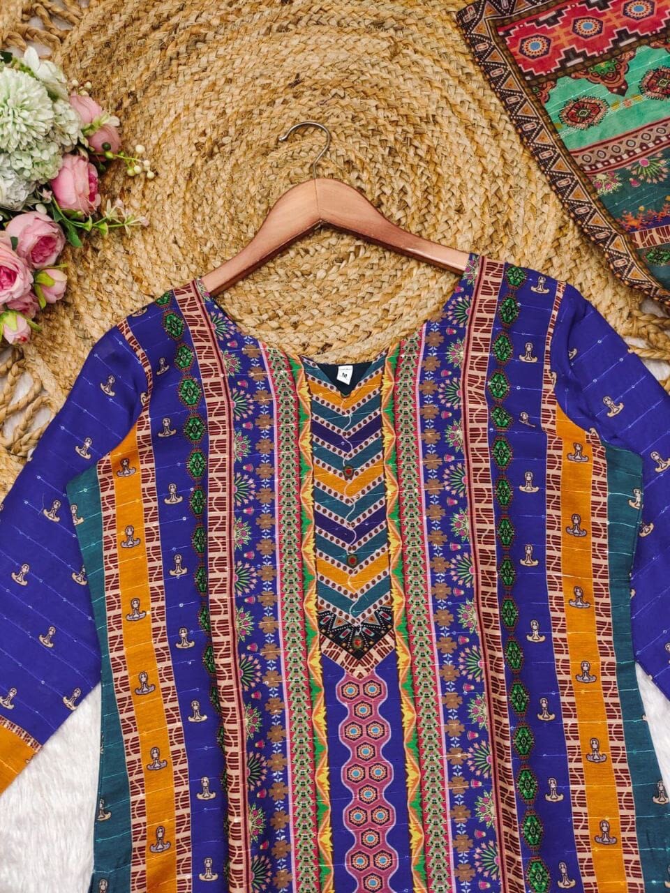 Multicoloured print with Embroidered Kurti with Dupatta and Pant Set Kurti with Bottom and Dupatta Shopin Di Apparels