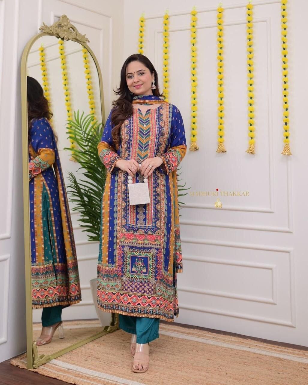 Multicoloured print with Embroidered Kurti with Dupatta and Pant Set Kurti with Bottom and Dupatta Shopin Di Apparels