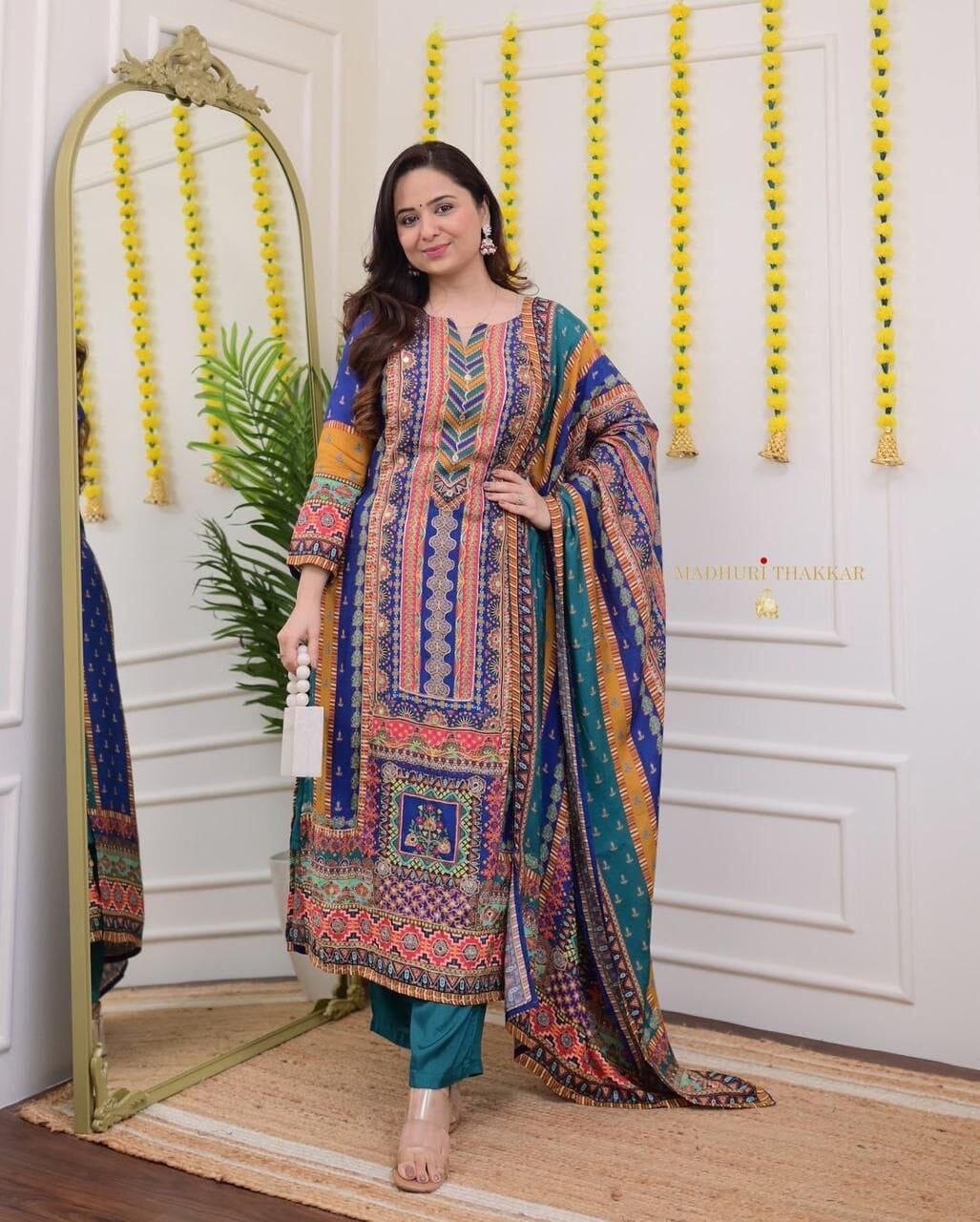 Multicoloured print with Embroidered Kurti with Dupatta and Pant Set Kurti with Bottom and Dupatta Shopin Di Apparels