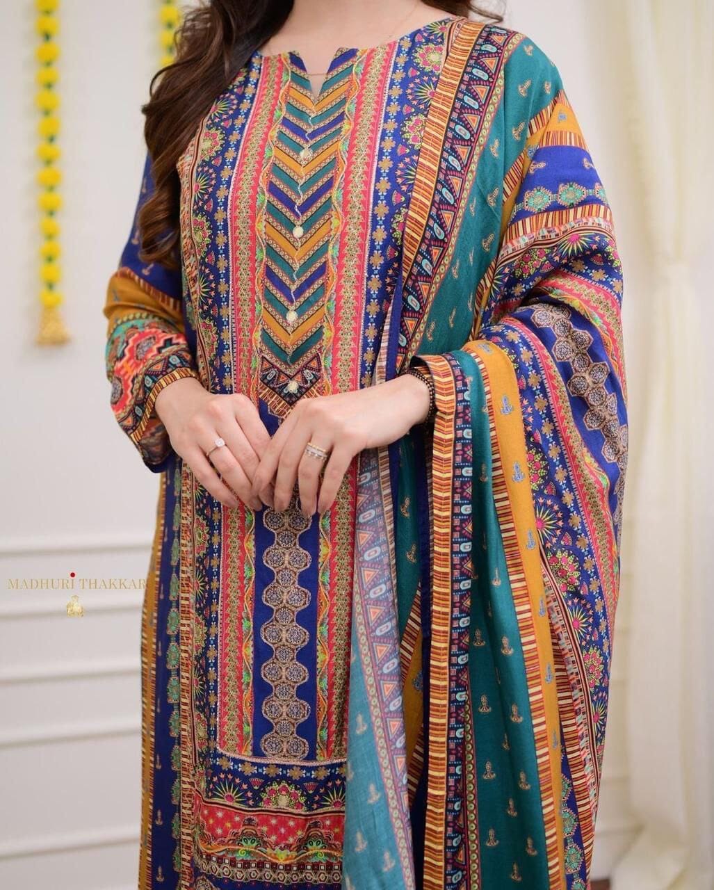 Multicoloured print with Embroidered Kurti with Dupatta and Pant Set Kurti with Bottom and Dupatta Shopin Di Apparels