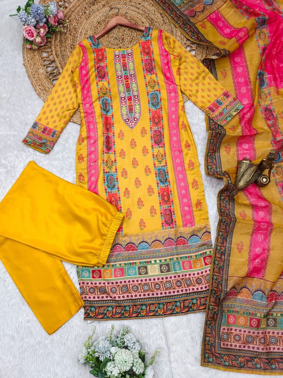 Multicoloured Printed Work Kurti with Dupatta and Bottom Kurti with Bottom and Dupatta Shopin Di Apparels