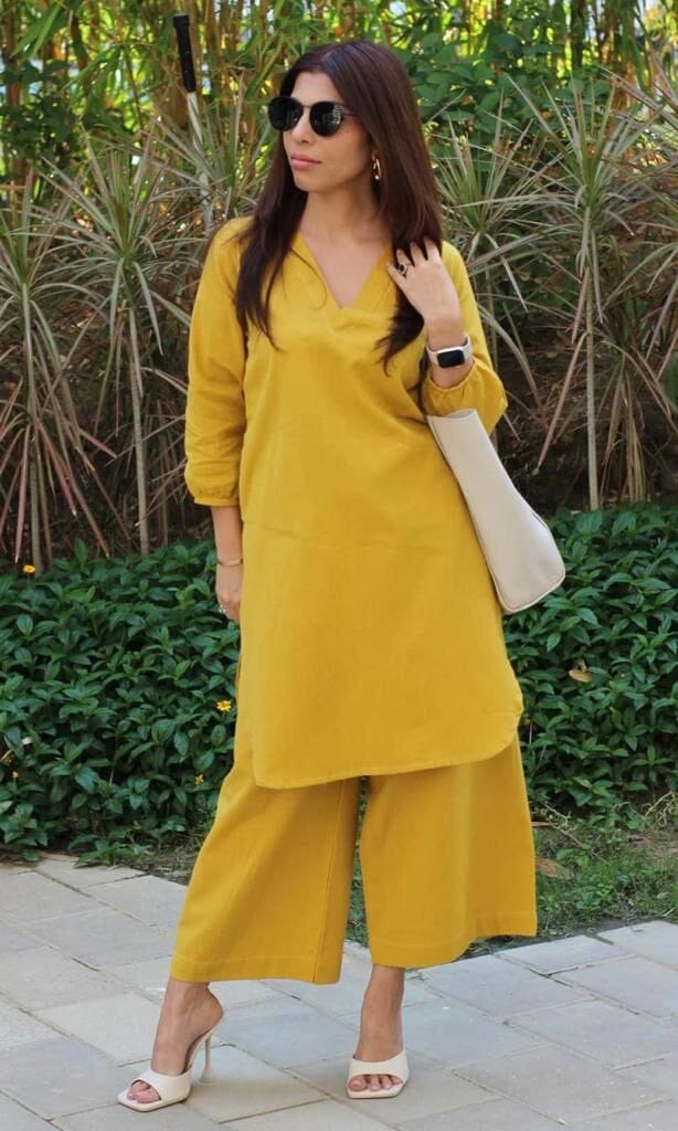 Mustard Cotton Slub Monochrome Kurti with Palazzo Set Kurti with Pant Shopin Di Apparels