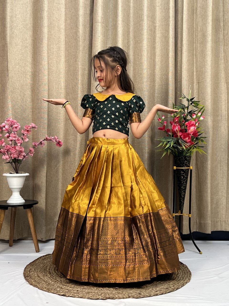 Mustard Green Lichi Silk Kid’s Lehenga Choli Kid's Lehenga Shopin Di Apparels