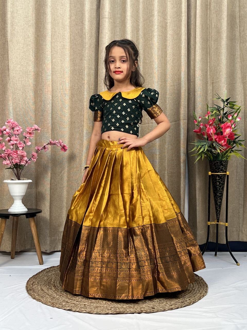 Mustard Green Lichi Silk Kid’s Lehenga Choli Kid's Lehenga Shopin Di Apparels