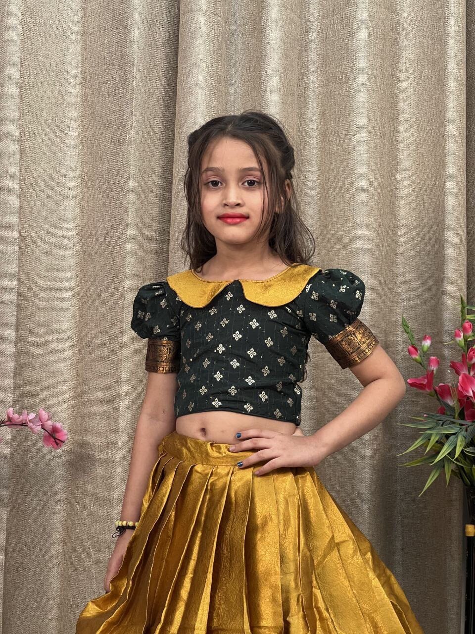 Mustard Green Lichi Silk Kid’s Lehenga Choli Kid's Lehenga Shopin Di Apparels