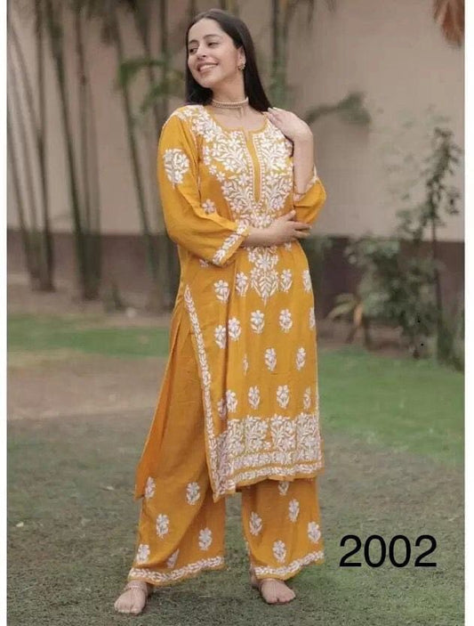 Mustard Heavy Rayon Chikankari Embroidered Kurti and Plazzo Set Kurti with Plazzo Shopin Di Apparels