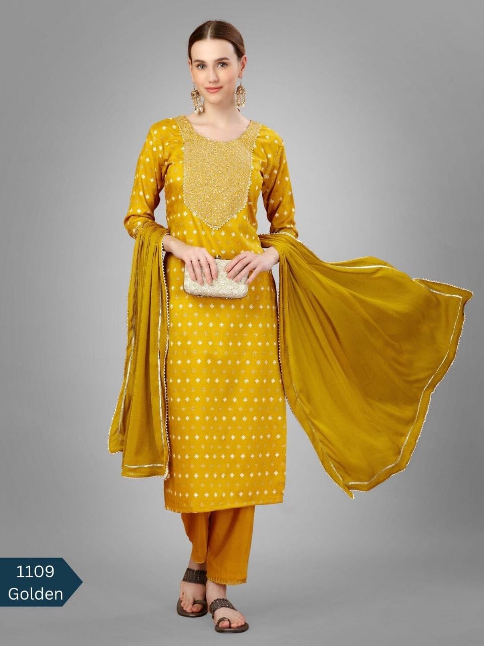 Mustard Yellow Silk Blend Sequence Embroidered Designer Kurti with Dupatta and Bottom Kurti with Dupatta and Bottom Shopin Di Apparels