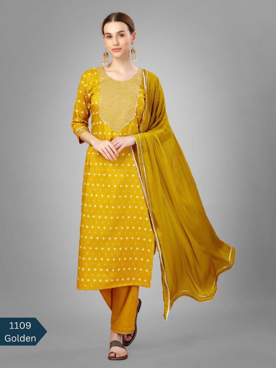 Mustard Yellow Silk Blend Sequence Embroidered Designer Kurti with Dupatta and Bottom Kurti with Dupatta and Bottom Shopin Di Apparels