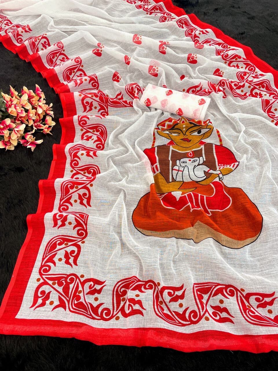 Navratri Special Plain Linen Digital Print Saree and Blouse Designer Saree Shopin Di Apparels