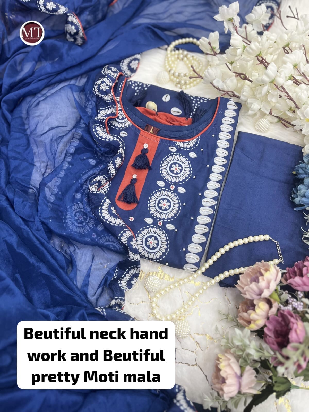 Navy Blue Beautiful Neck hand Work Printed and Moti Mala work Suit Ready Made Designer Suits Shopin Di Apparels