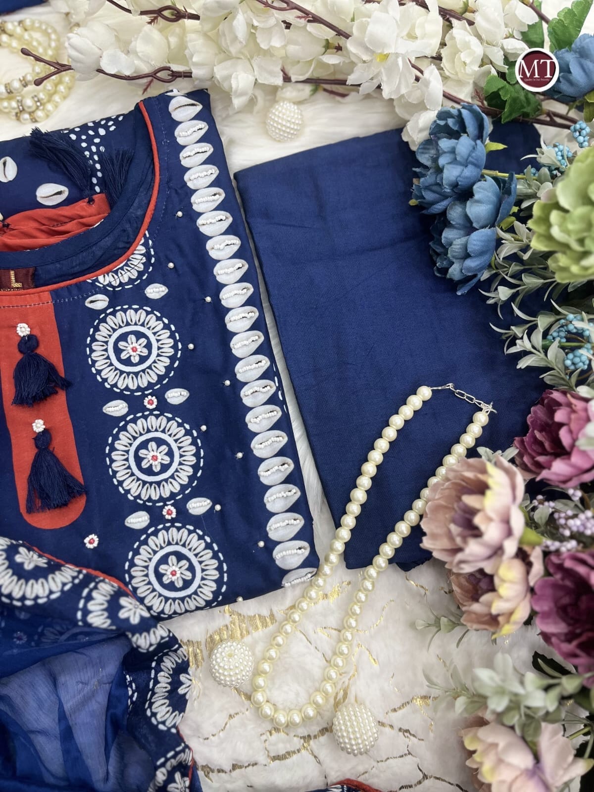 Navy Blue Beautiful Neck hand Work Printed and Moti Mala work Suit Ready Made Designer Suits Shopin Di Apparels