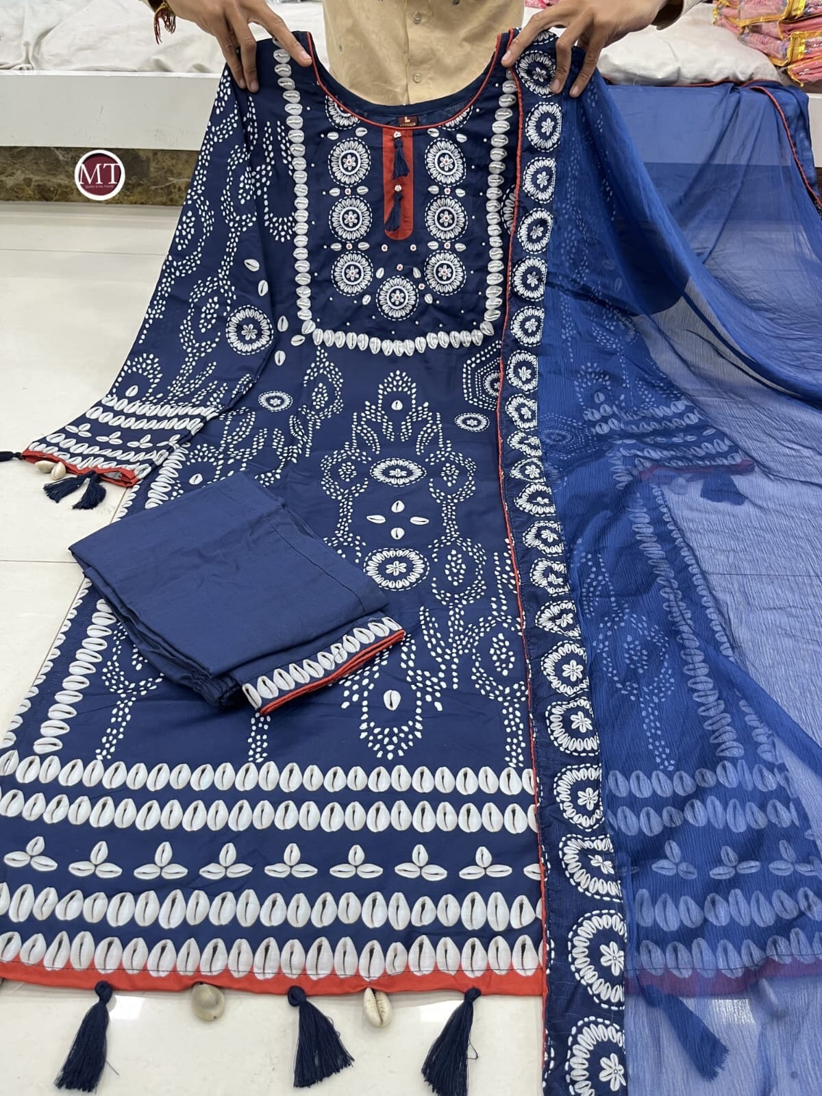 Navy Blue Beautiful Neck hand Work Printed and Moti Mala work Suit Ready Made Designer Suits Shopin Di Apparels