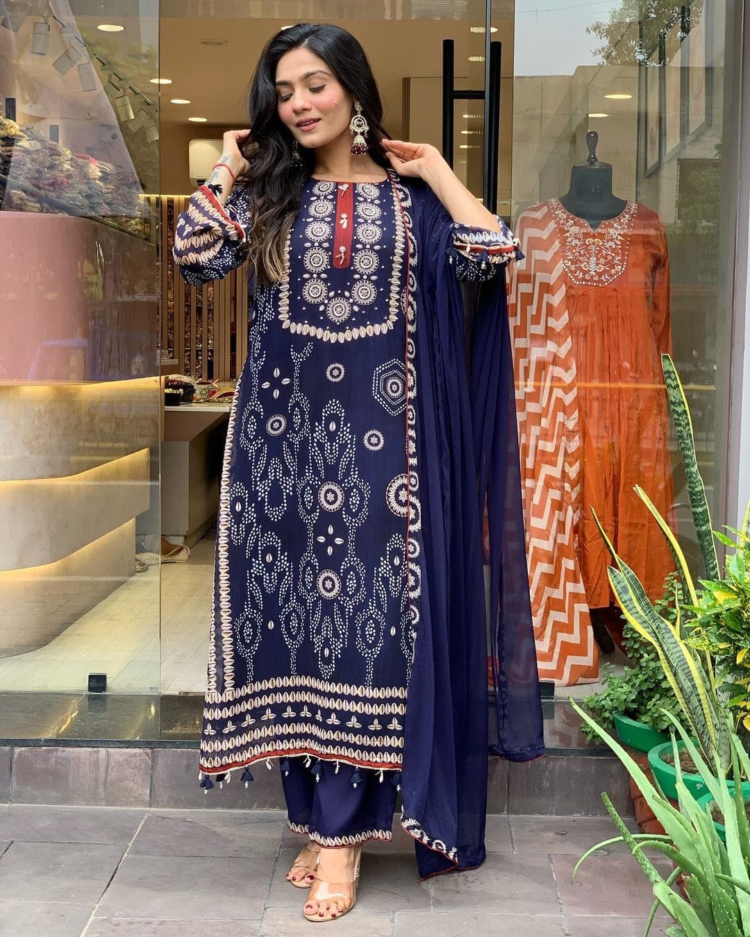 Navy Blue Beautiful Neck hand Work Printed and Moti Mala work Suit Ready Made Designer Suits Shopin Di Apparels