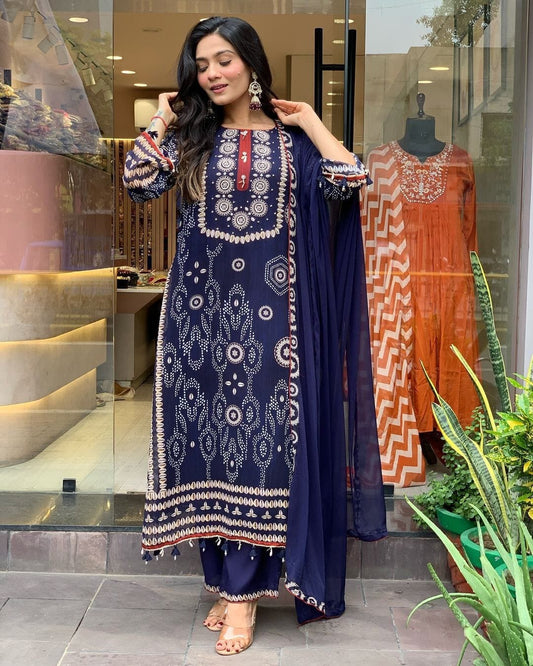 Navy Blue Beautiful Neck hand Work Printed and Moti Mala work Suit Ready Made Designer Suits Shopin Di Apparels