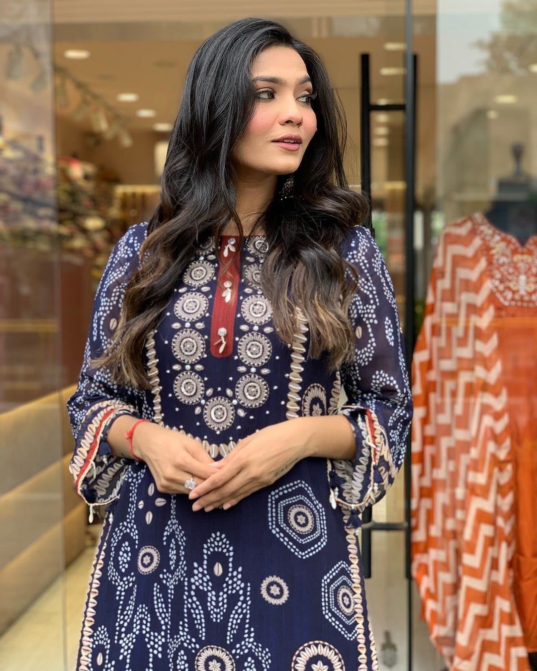 Navy Blue Beautiful Neck hand Work Printed and Moti Mala work Suit Ready Made Designer Suits Shopin Di Apparels