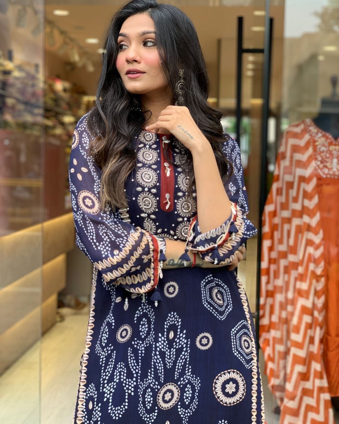 Navy Blue Beautiful Neck hand Work Printed and Moti Mala work Suit Ready Made Designer Suits Shopin Di Apparels
