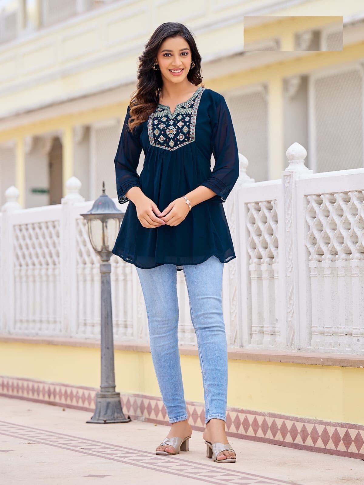 Navy Blue Bubbly Embroidered Georgette Short Top Western Tops Shopin Di Apparels