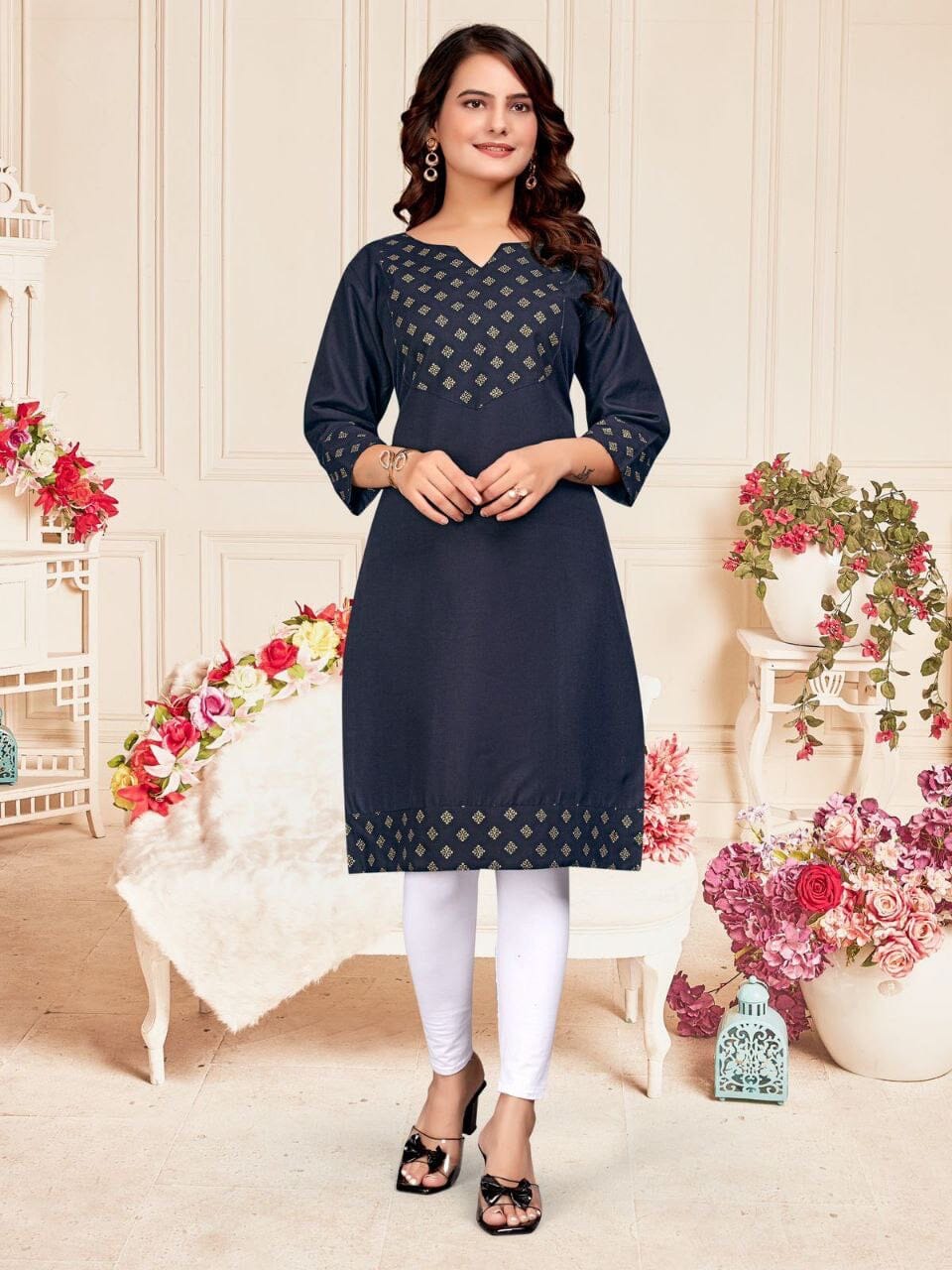 Navy Blue Cotton Kurti with Foil Print Kurti Shopin Di Apparels