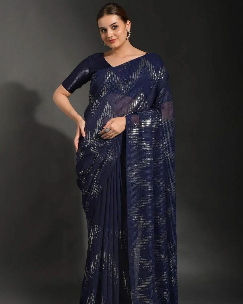 Navy Blue Georgette Embroidered Sequin Saree with Banglori Blouse Designer Saree Shopin Di Apparels