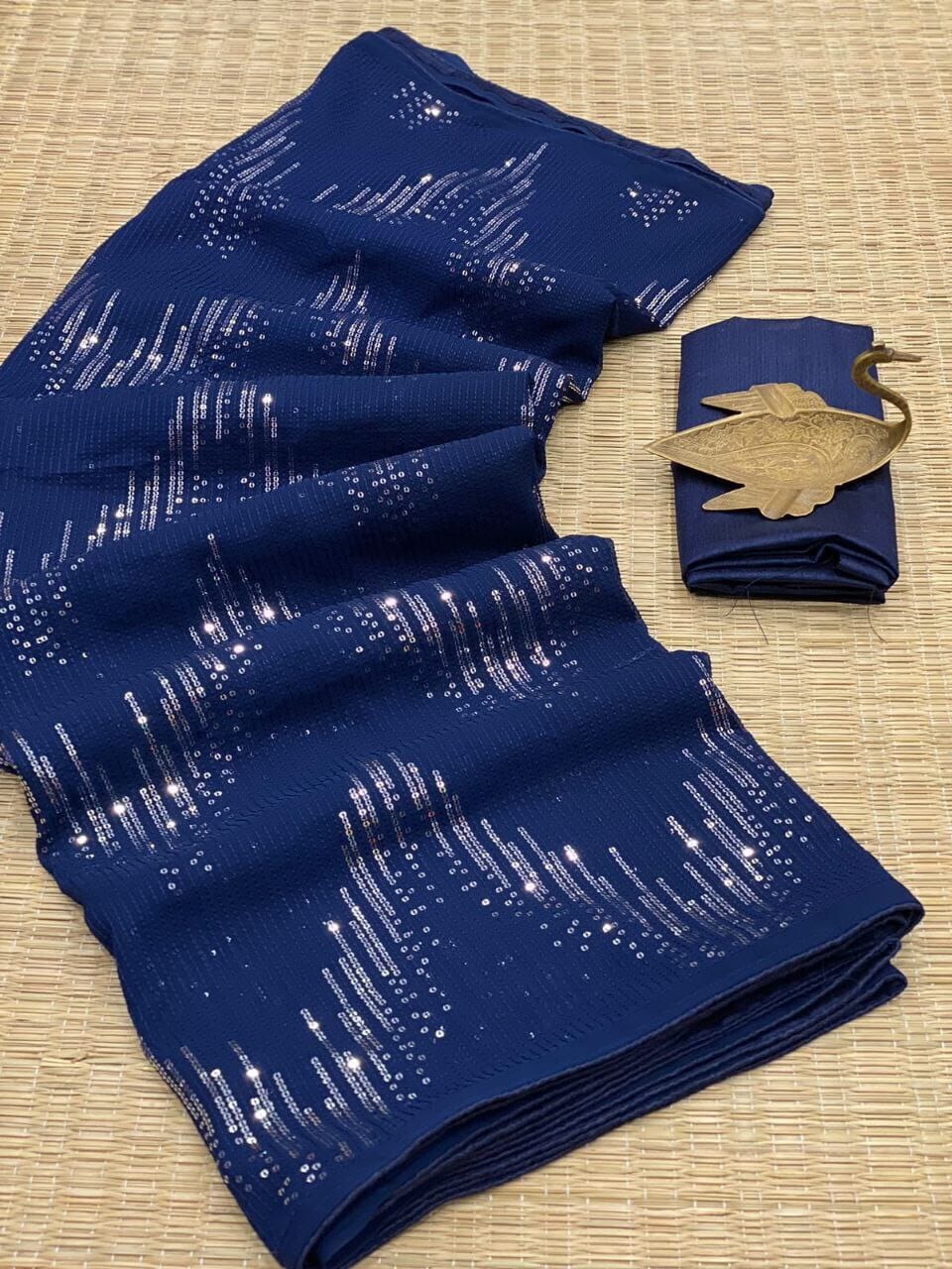 Navy Blue Georgette Embroidered Sequin Saree with Banglori Blouse Designer Saree Shopin Di Apparels