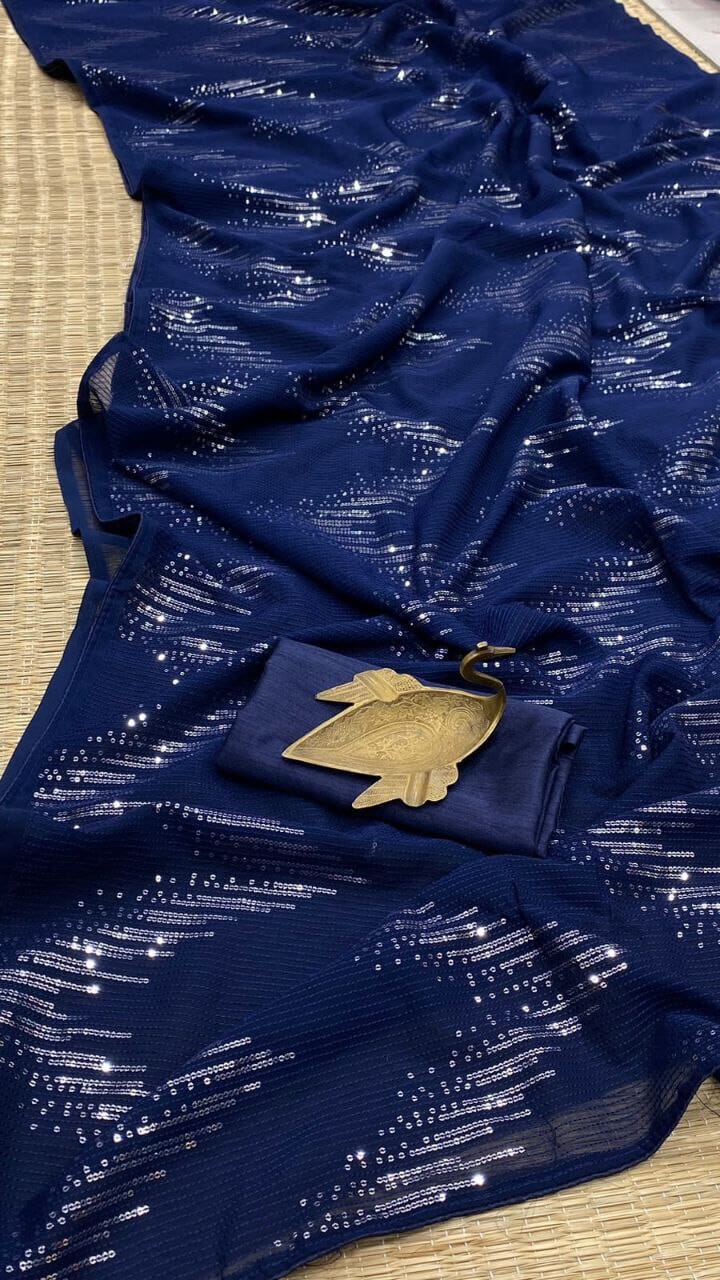 Navy Blue Georgette Embroidered Sequin Saree with Banglori Blouse Designer Saree Shopin Di Apparels